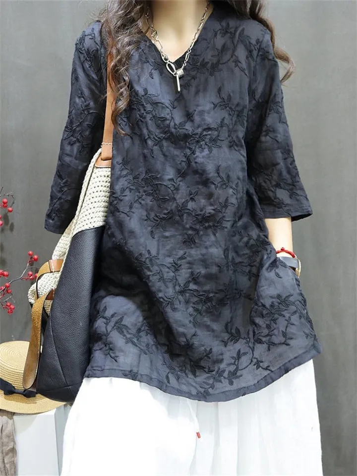 Leaf Embroidered Side Split Women's Casual Shirts